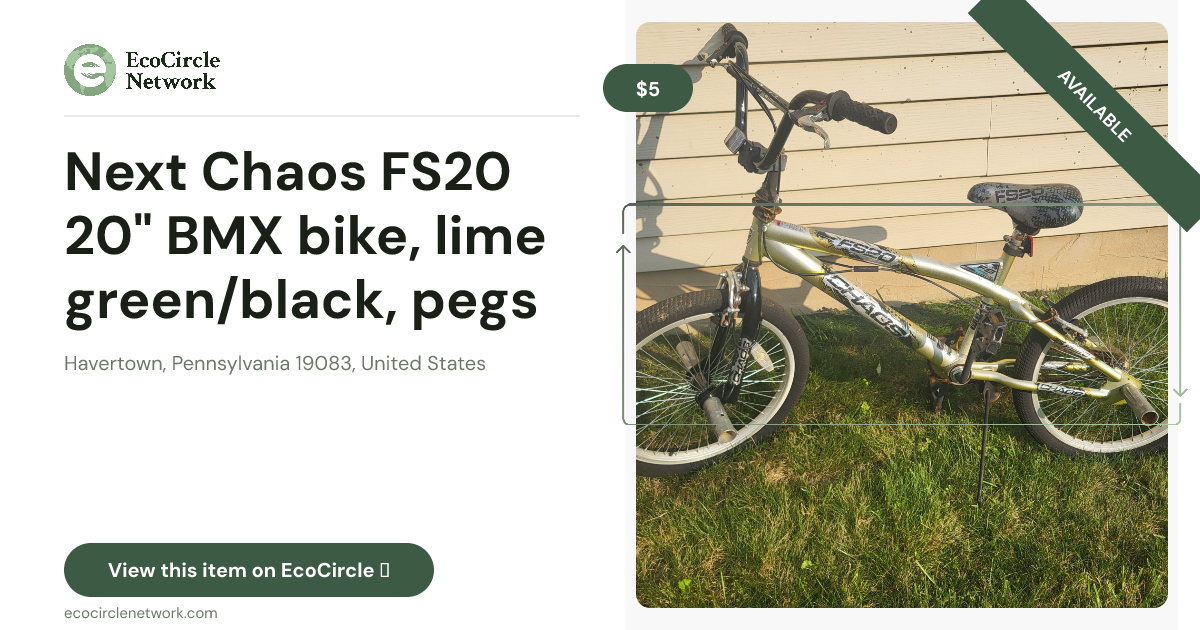 Next Chaos FS20 20" BMX bike, lime green/black, pegs — fair cond.